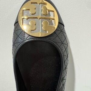 Tory Burch Black Quilted Leather Ballet Flats with Gold Logo Size 10